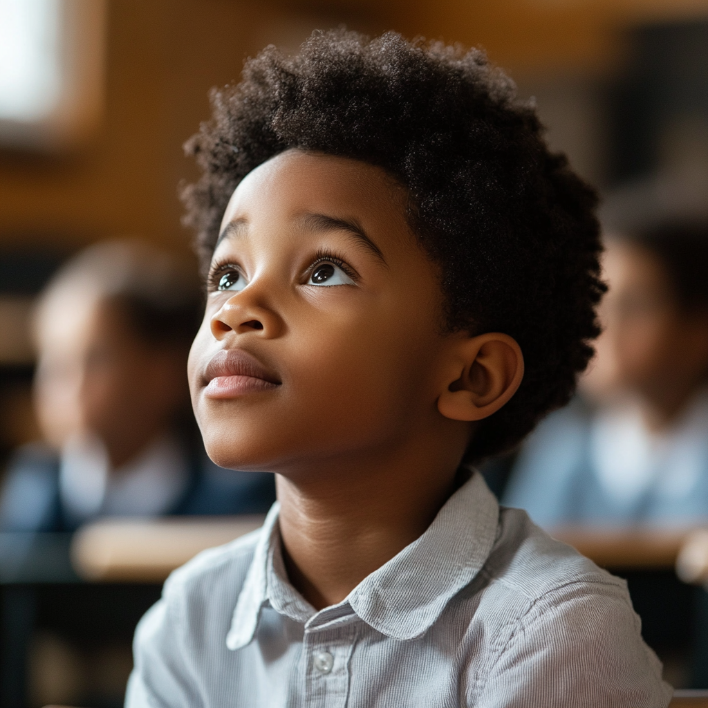 Image of a Black prep school kid sitting in a class room